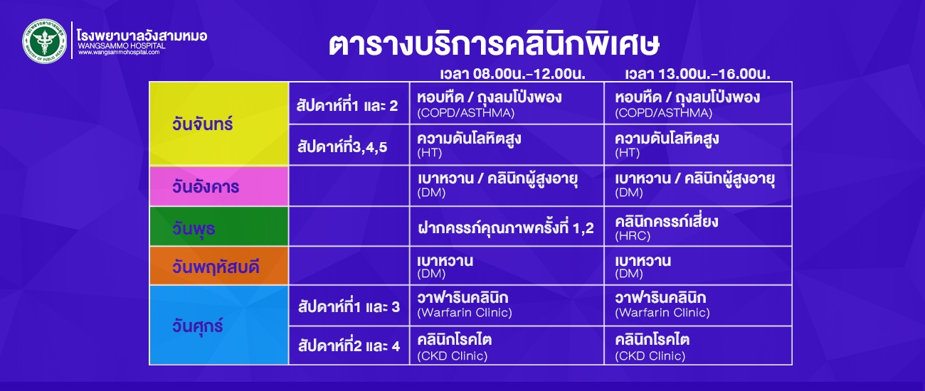 ตารางบริการคลินิกพิเศษ
